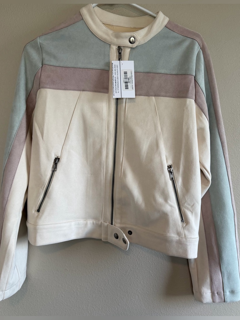 Mystree Pastel Colorblock Faux Suede Bomber Jacket - Cream, Lavender & blue
